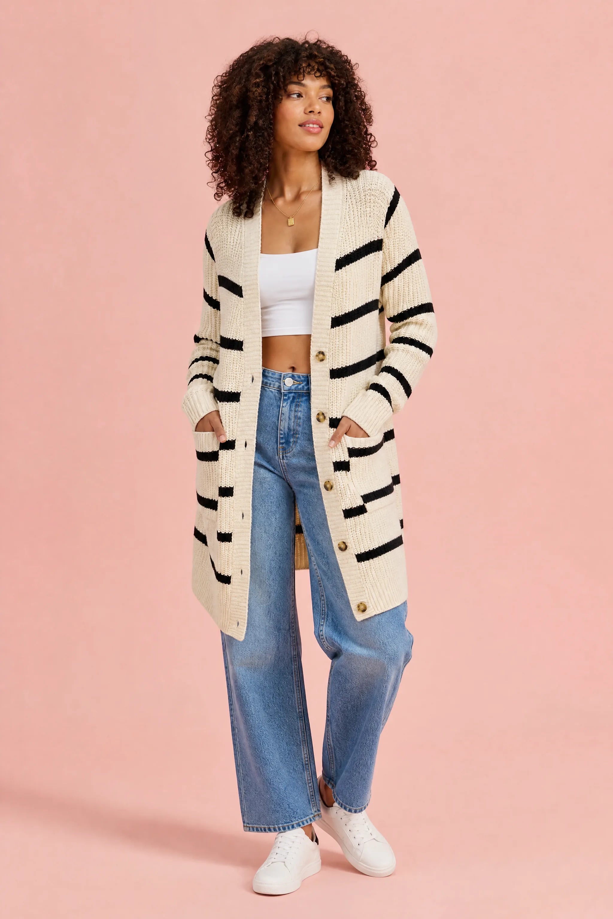 Gilet abricot rayé mi-long | Vue de face | Lounelle Paris