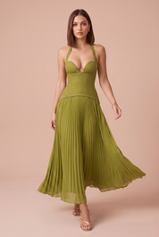 Robe jaune-vert col licou dos nu | Vue en mouvement | Lounelle Paris