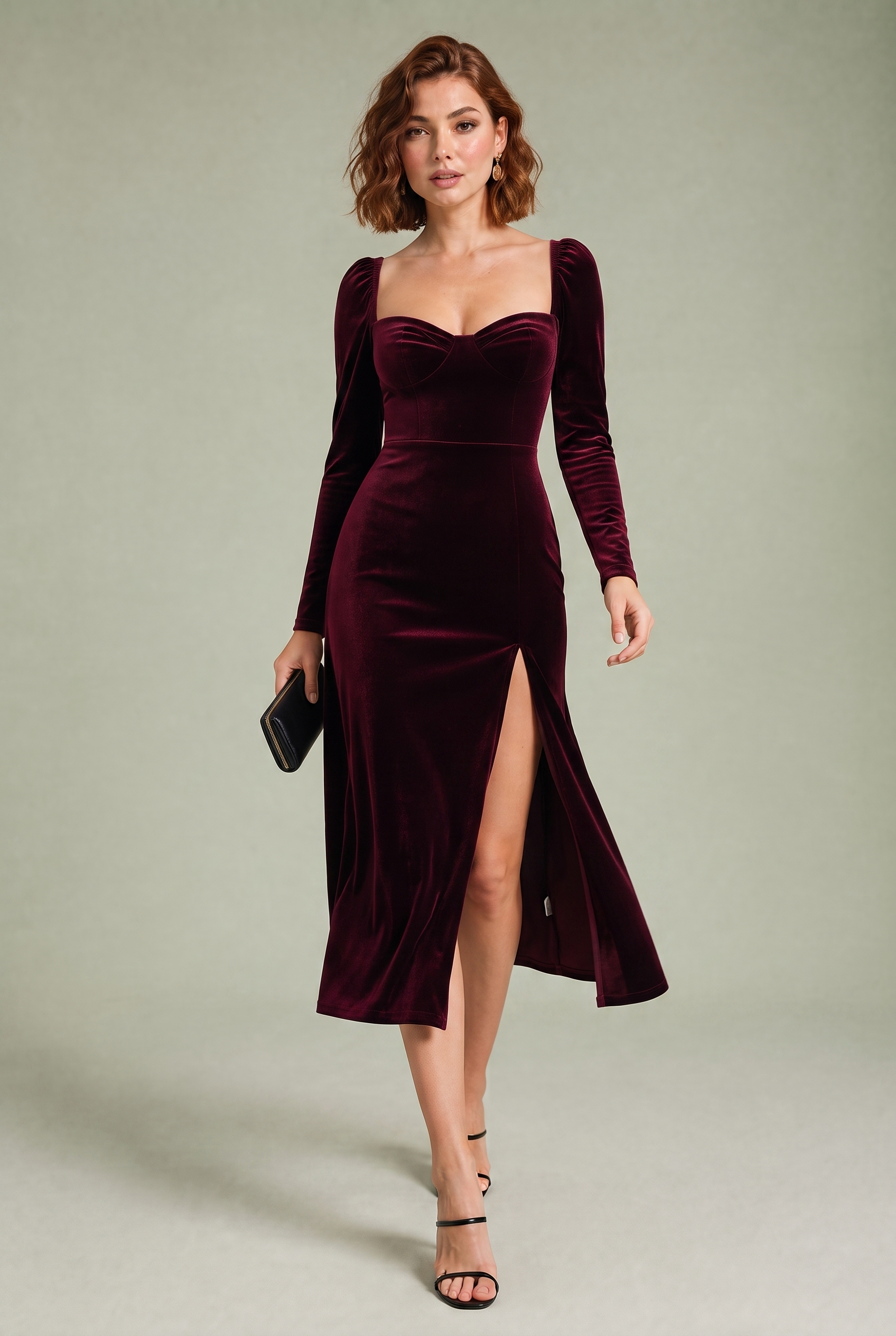 Robe en velours bordeaux encolure carrée | Vue en mouvement | Lounelle Paris