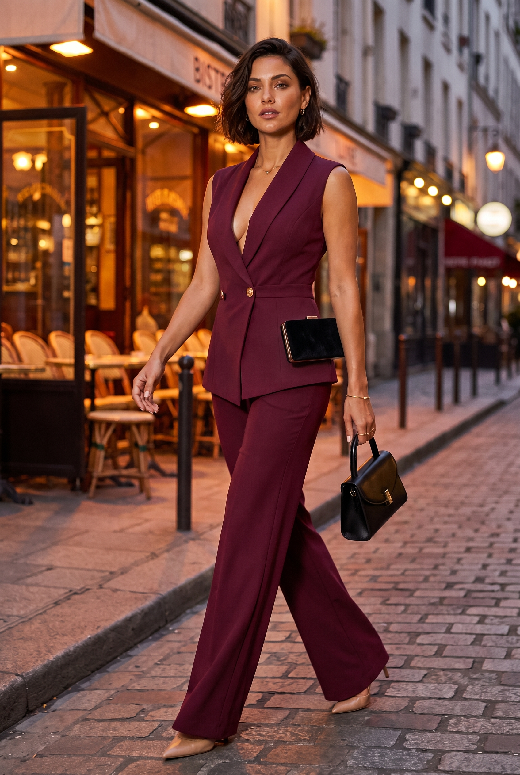 Ensemble gilet croisé pantalon large | Variante Bordeaux - Lifestyle | Lounelle Paris