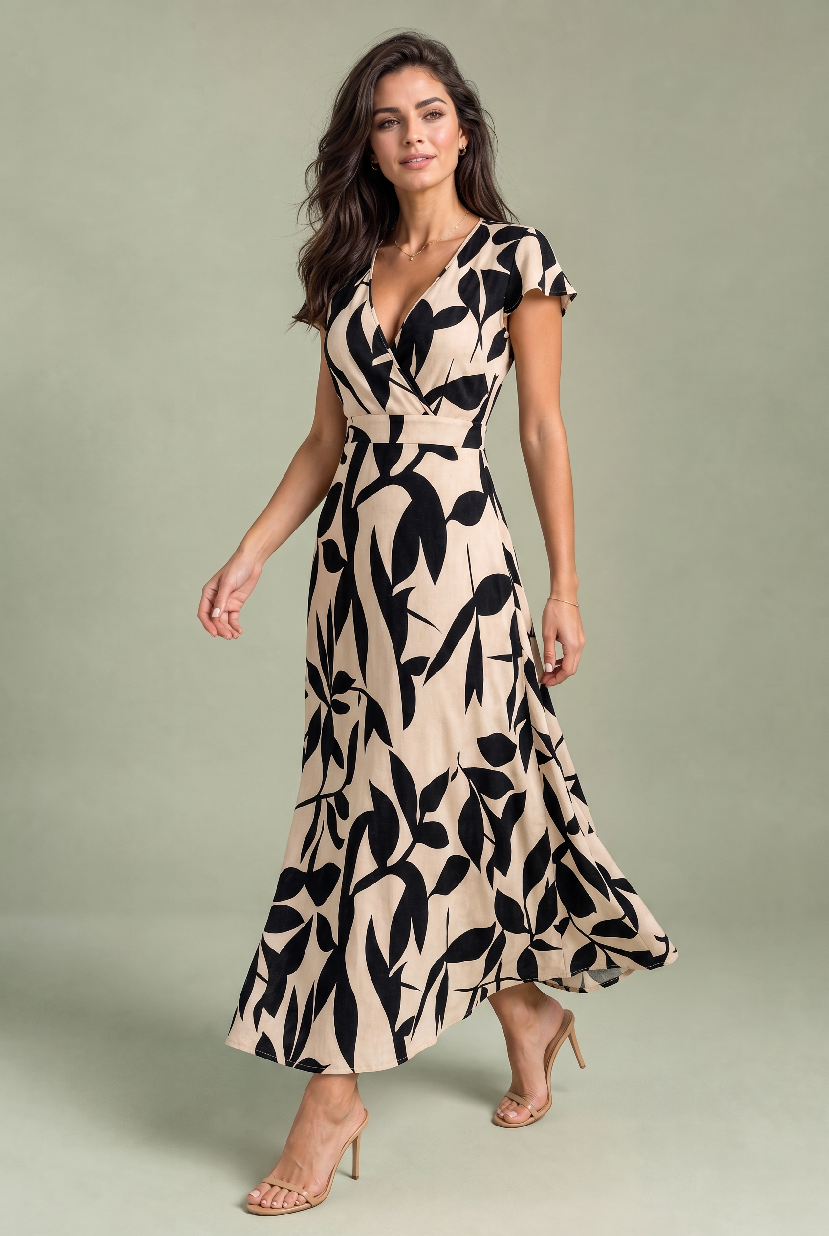 Robe longue imprimée col V | Vue en mouvement | Lounelle Paris