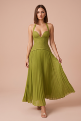 Yellow-Green Pleated Halter Backless Maxi Dress