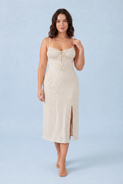 Robe florale fendue à fines bretelles | Porté sur une autre silhouette | Lounelle Paris