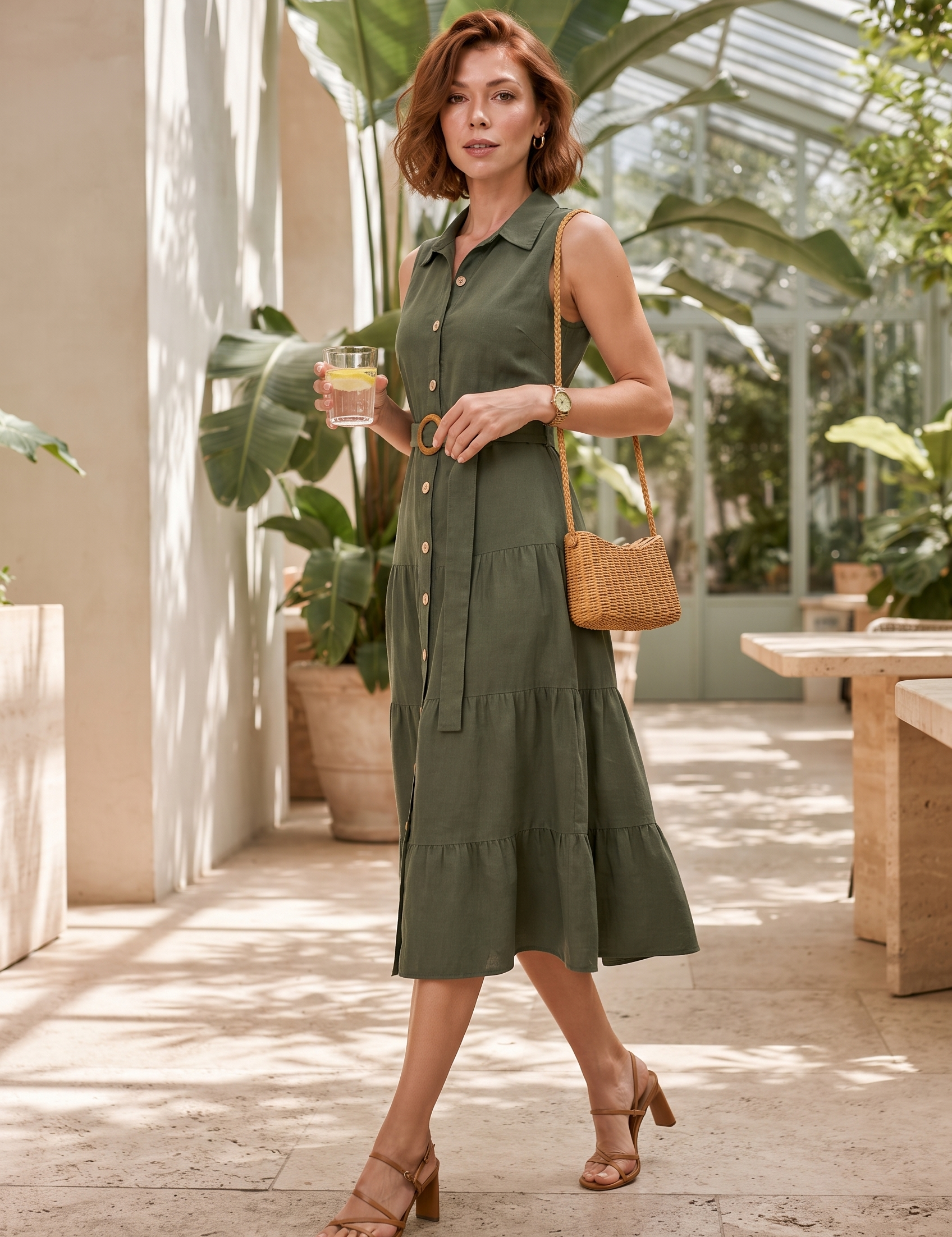 Robe vert militaire col chemise ceinturée | Photo lifestyle | Lounelle Paris