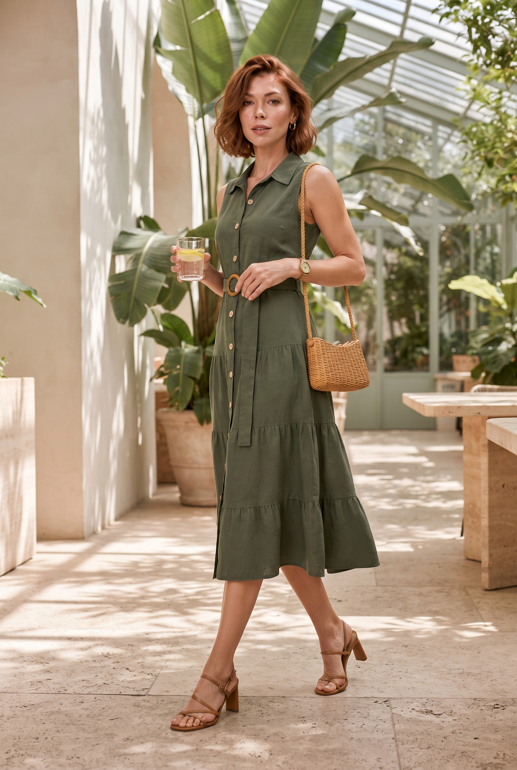 Robe vert militaire col chemise ceinturée | Photo lifestyle | Lounelle Paris