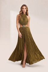 Olive Satin Open-Back Maxi Dress