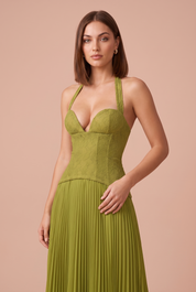 Robe jaune-vert col licou dos nu | Vue rapprochée | Lounelle Paris
