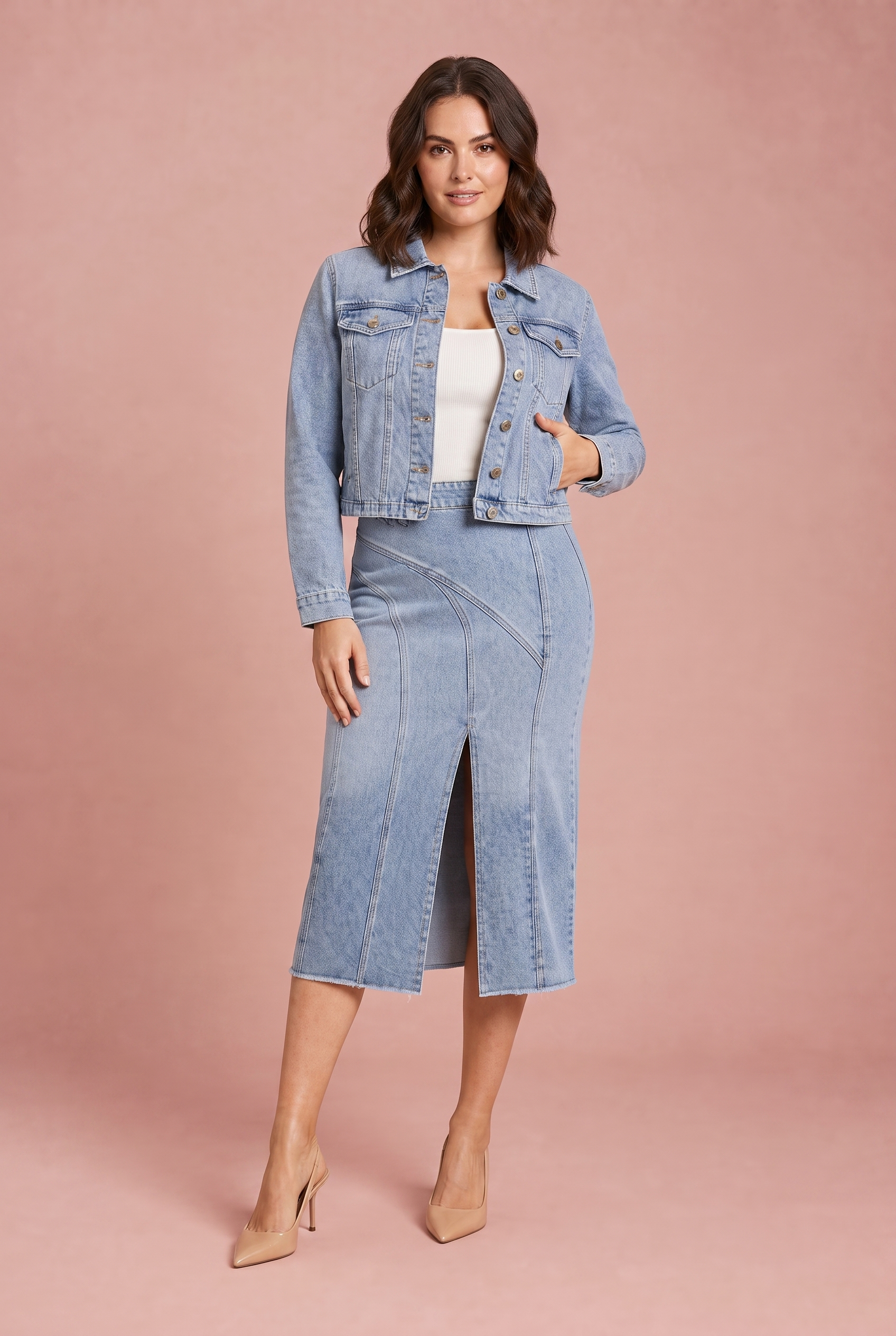 Ensemble veste jean et jupe midi | Porté sur une autre silhouette | Lounelle Paris