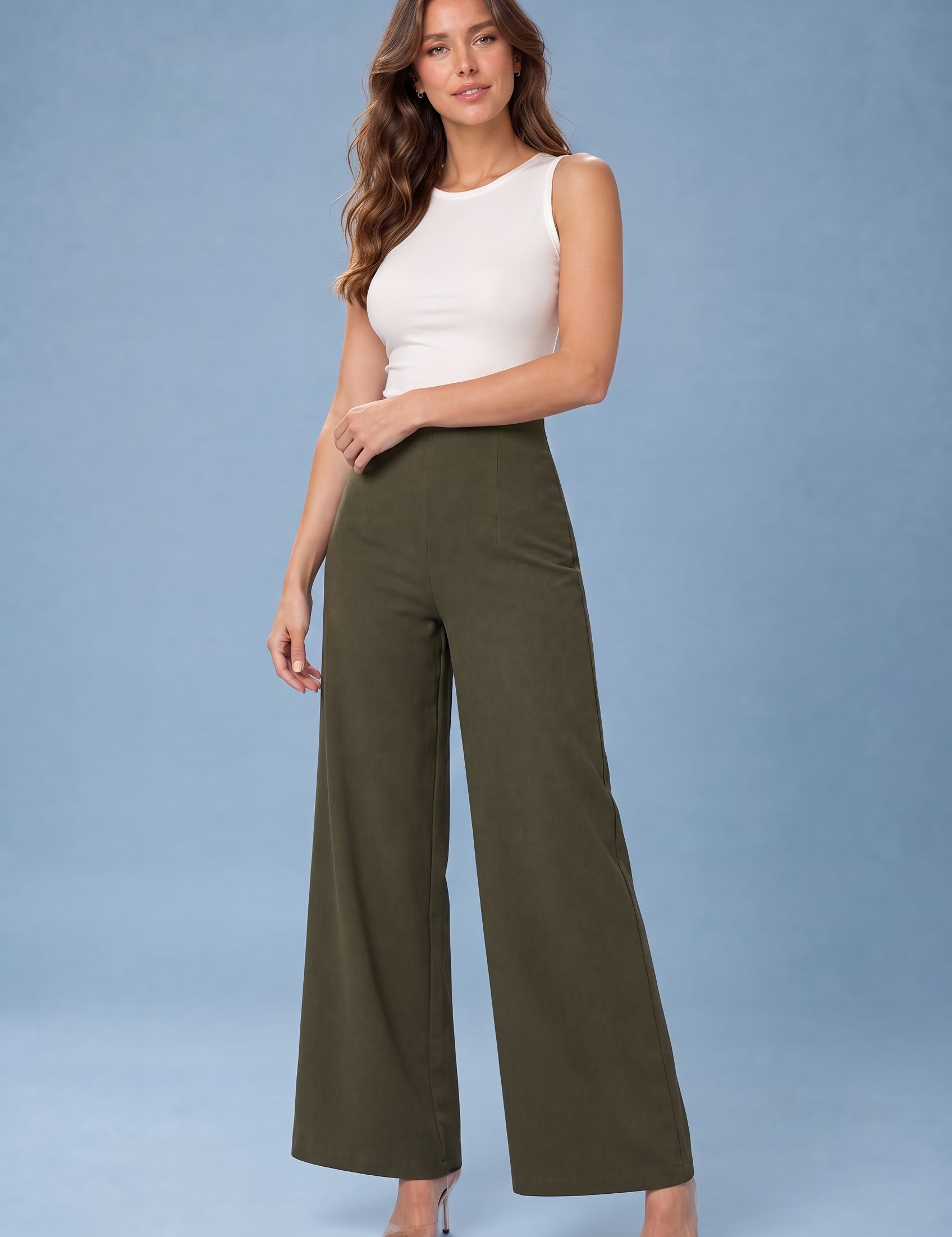Pantalon large fluide taille haute | Variante Vert | Lounelle Paris