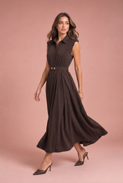 Robe marron col chemise ceinturée | Vue en mouvement | Lounelle Paris