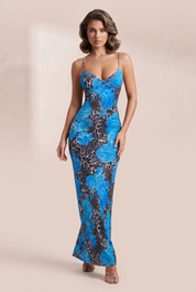 Robe longue bleue à fines bretelles | Vue de face | Lounelle Paris