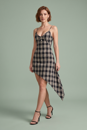 Robe noire à carreaux asymétrique | Vue de face | Lounelle Paris