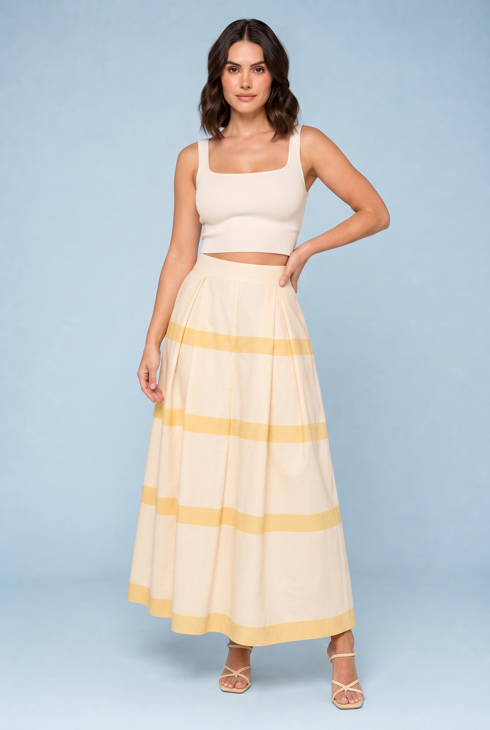 Jupe longue jaune rayée taille haute | Porté sur une autre silhouette | Lounelle Paris