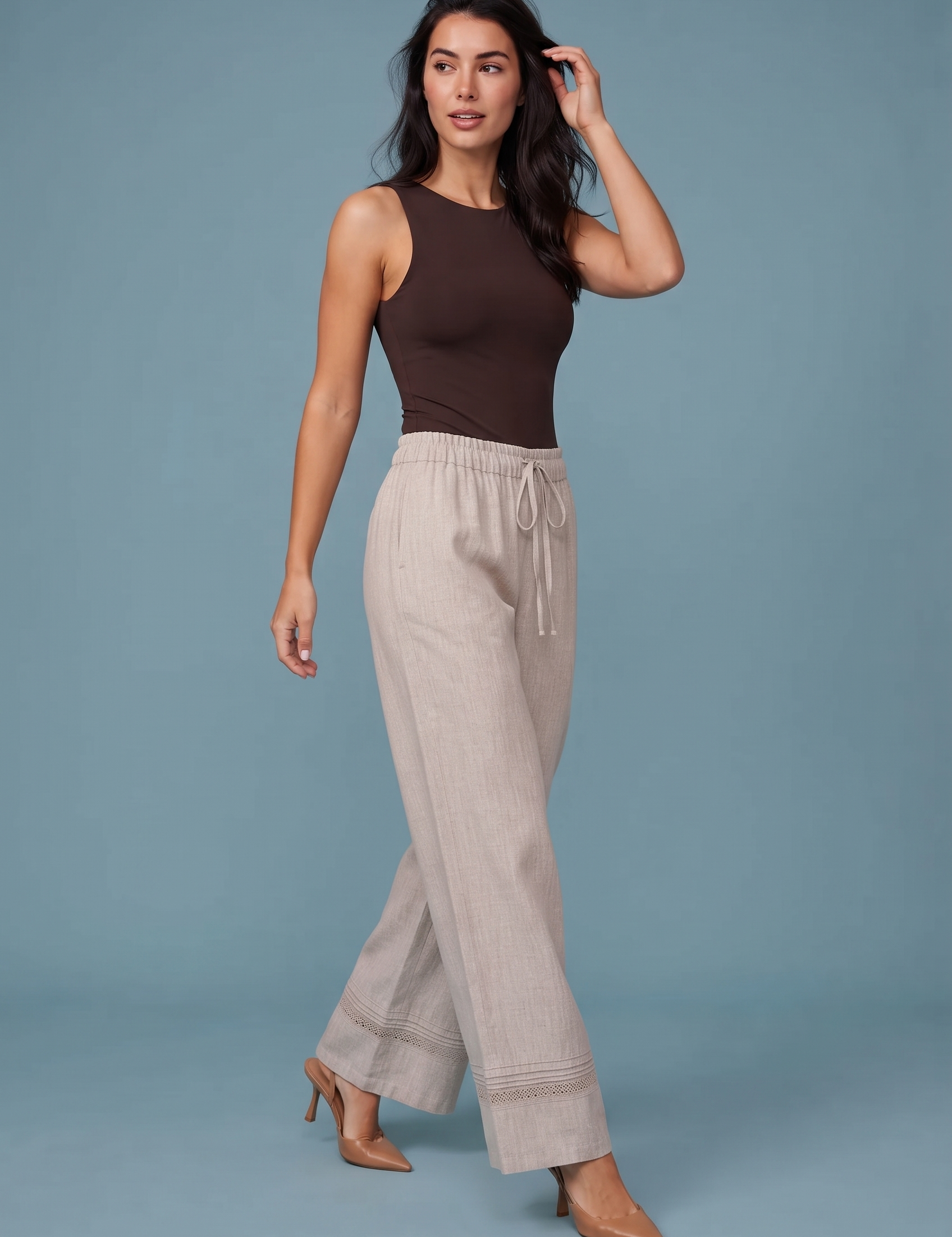 Pantalon large beige taille haute | Vue de face | Lounelle Paris
