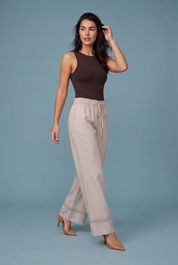 Pantalon large beige taille haute | Vue de face | Lounelle Paris