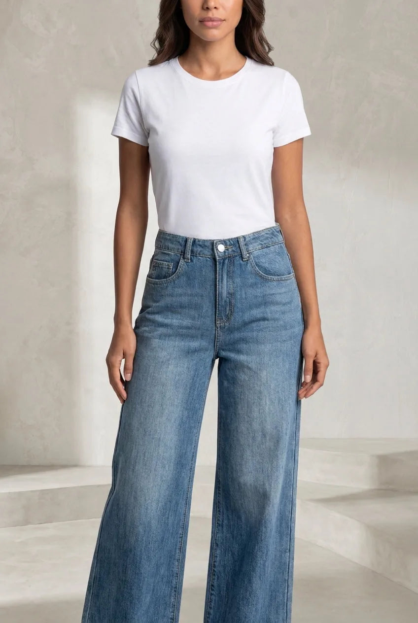 Jean bleu coupe ample taille mi-haute | Lounelle Paris