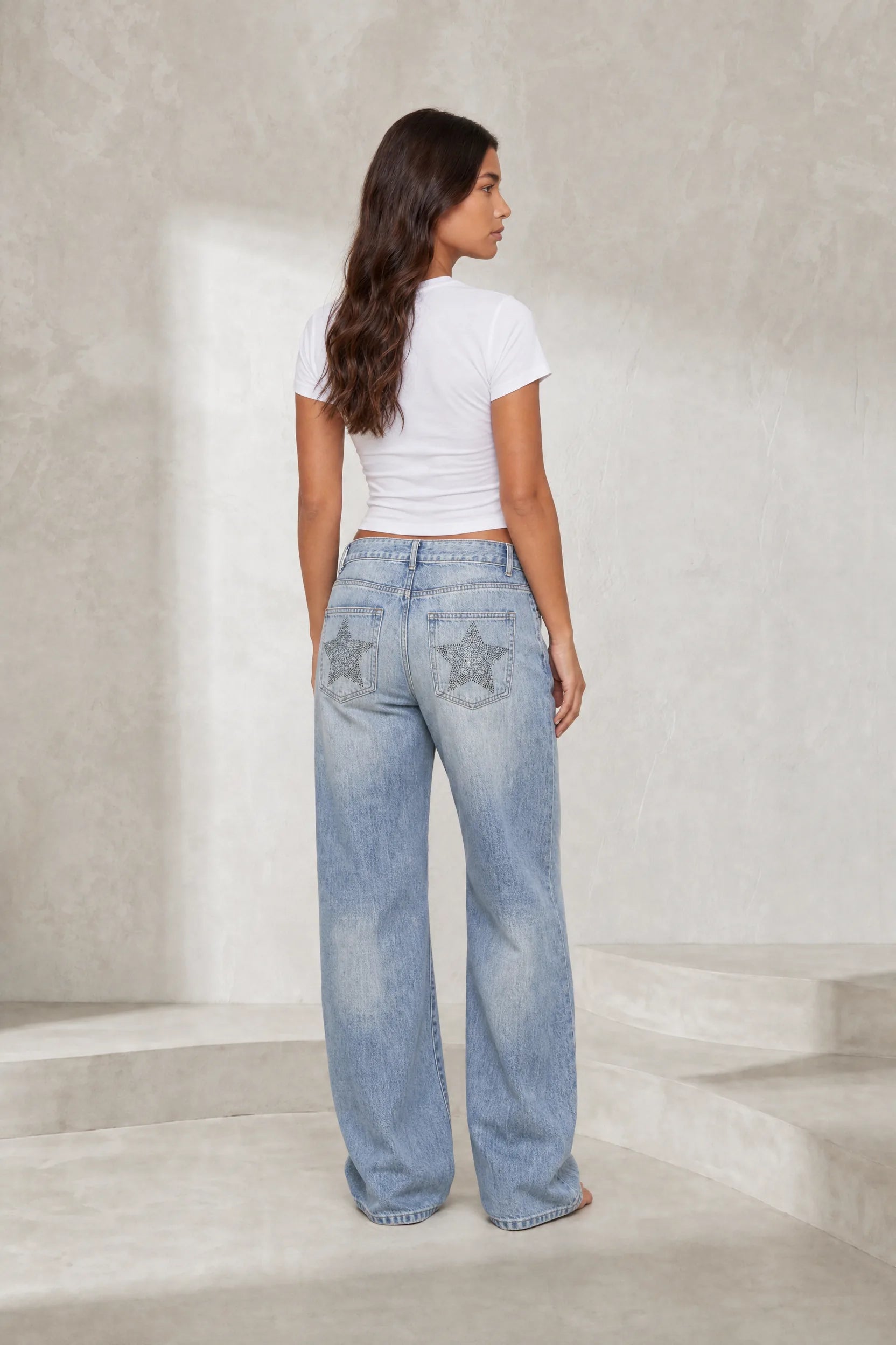 Jean bleu délavé taille basse à étoiles | Lounelle Paris