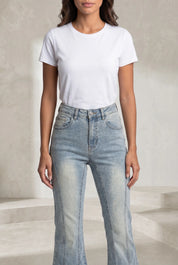 Jean bleu délavé taille haute évasé | Lounelle Paris