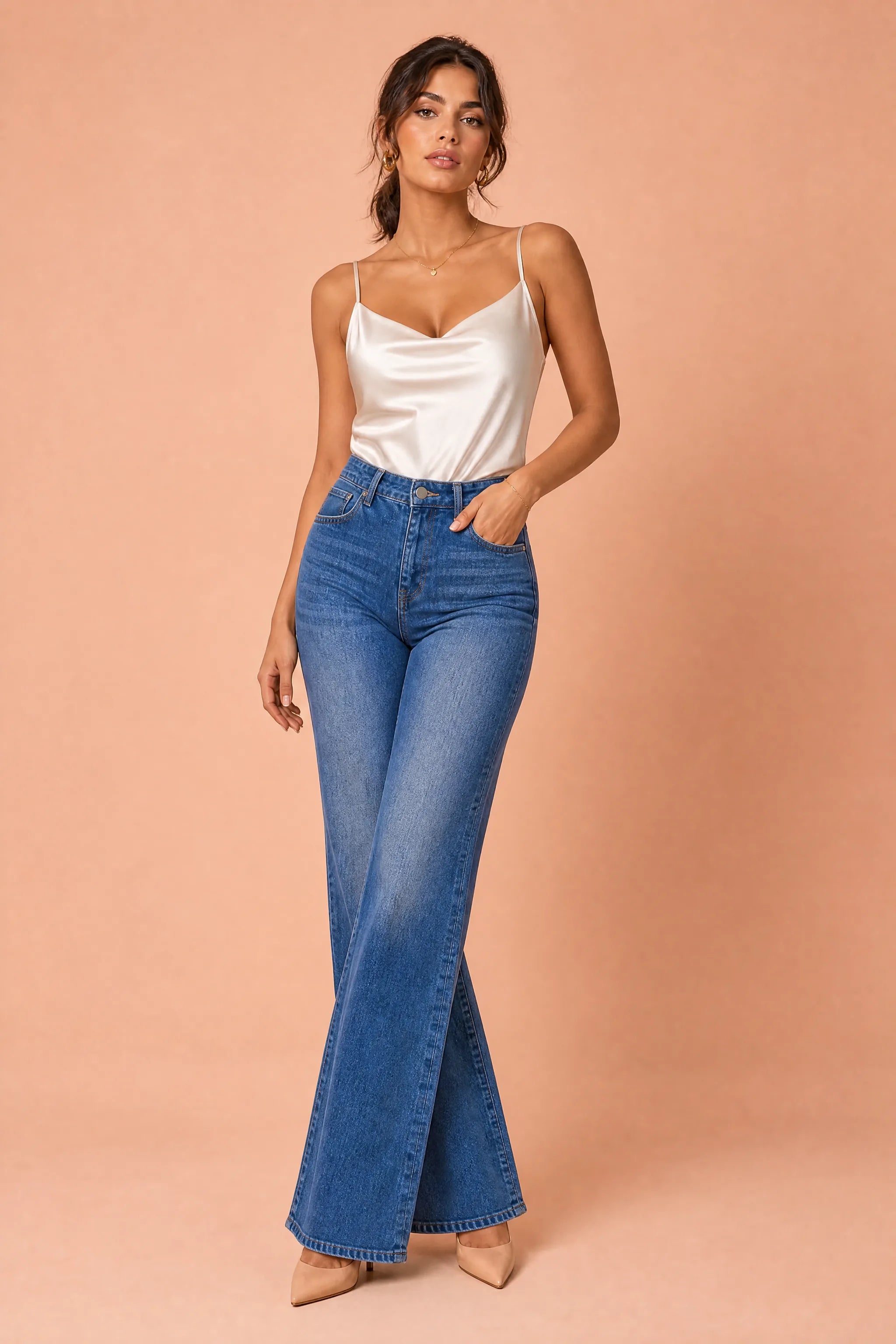 Jean bleu flare taille mi-haute | Vue de face | Lounelle Paris