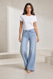 Jean bleu jambe large crochet | Lounelle Paris