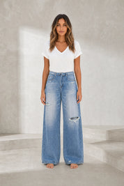 Jean bleu moyen jambe large taille repliée | Lounelle Paris