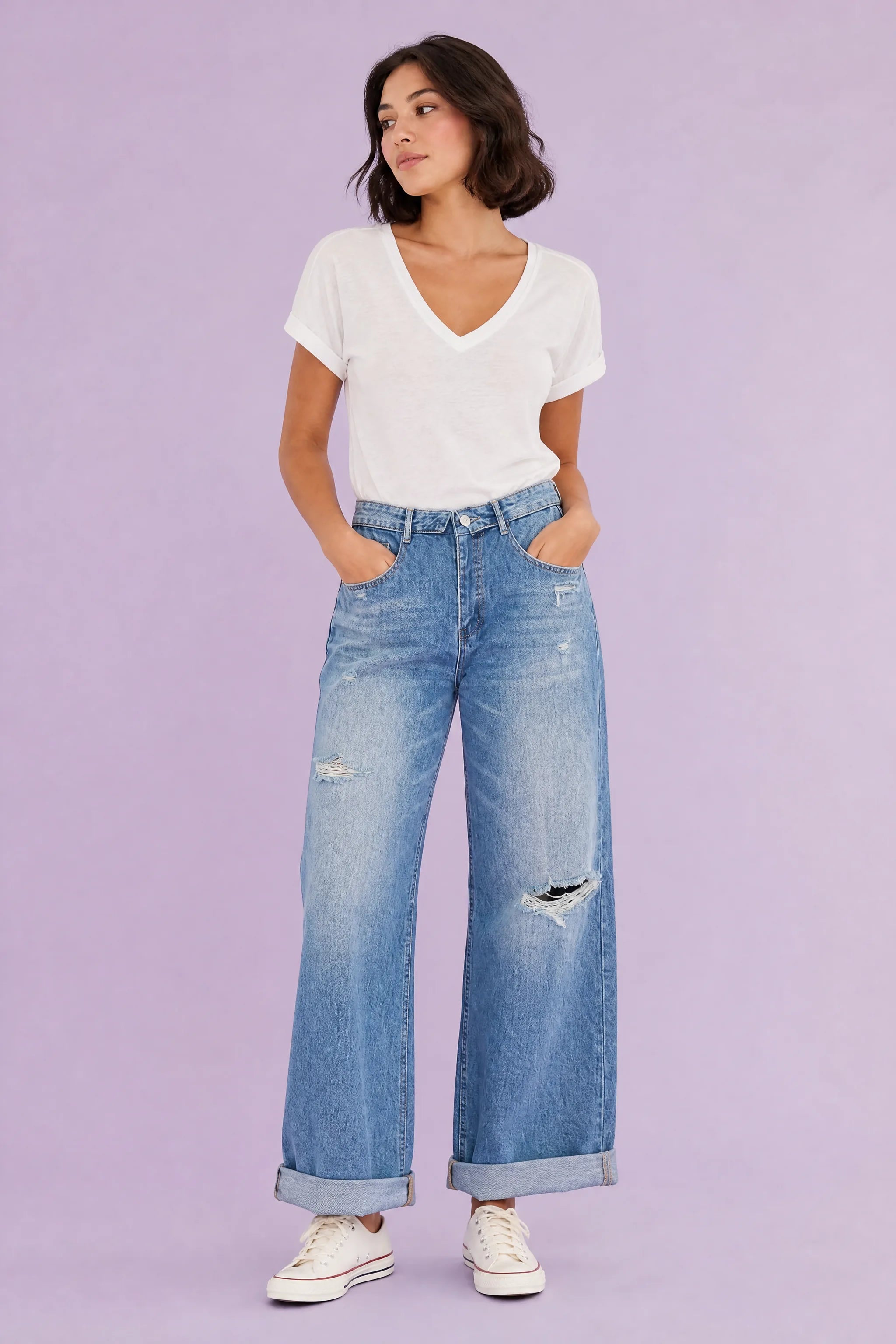 Jean bleu moyen jambe large taille repliée | Vue de face | Lounelle Paris