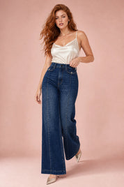 Jean bleu taille haute coupe large | Vue de face | Lounelle Paris