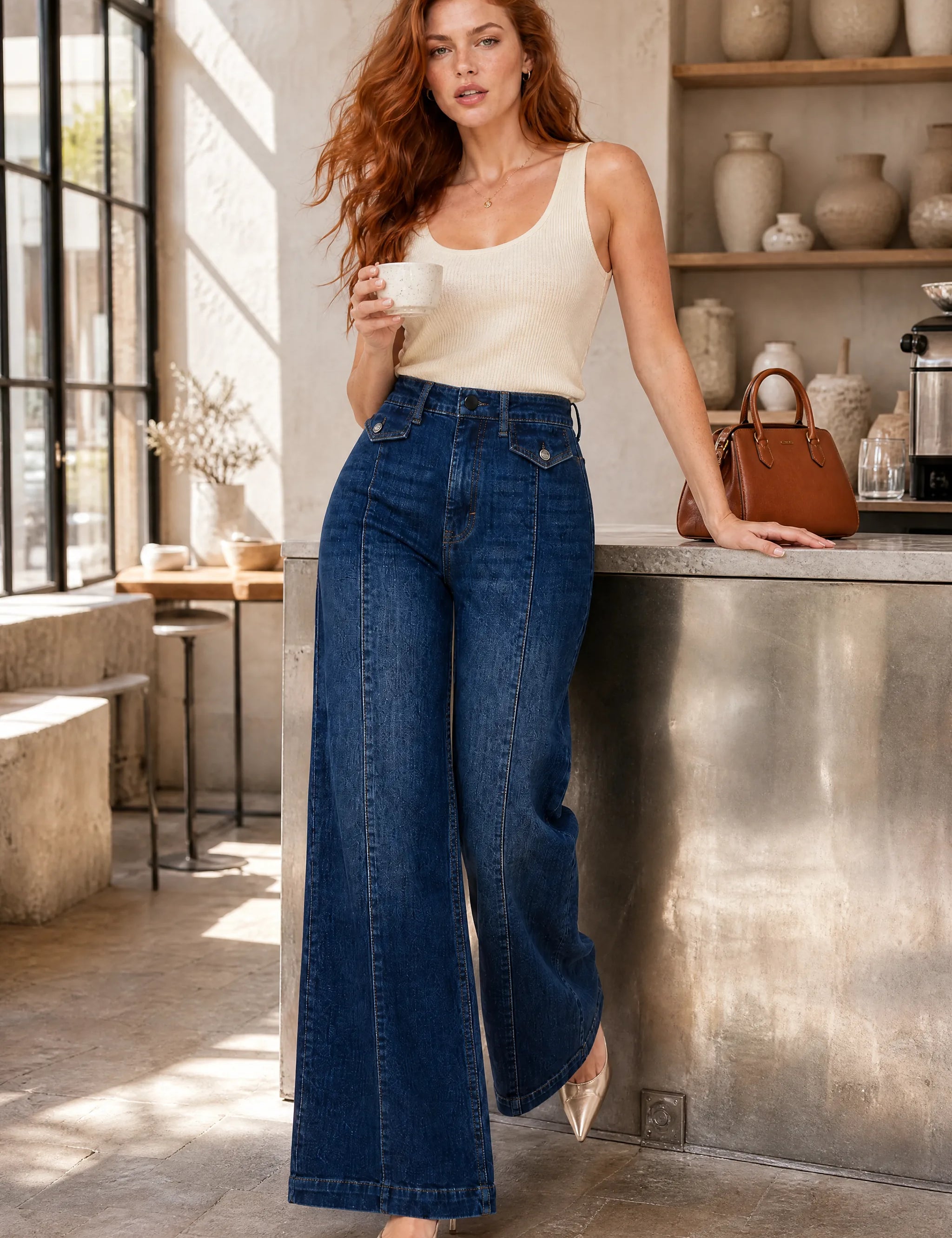 Jean bleu taille haute coupe large | Photo lifestyle | Lounelle Paris