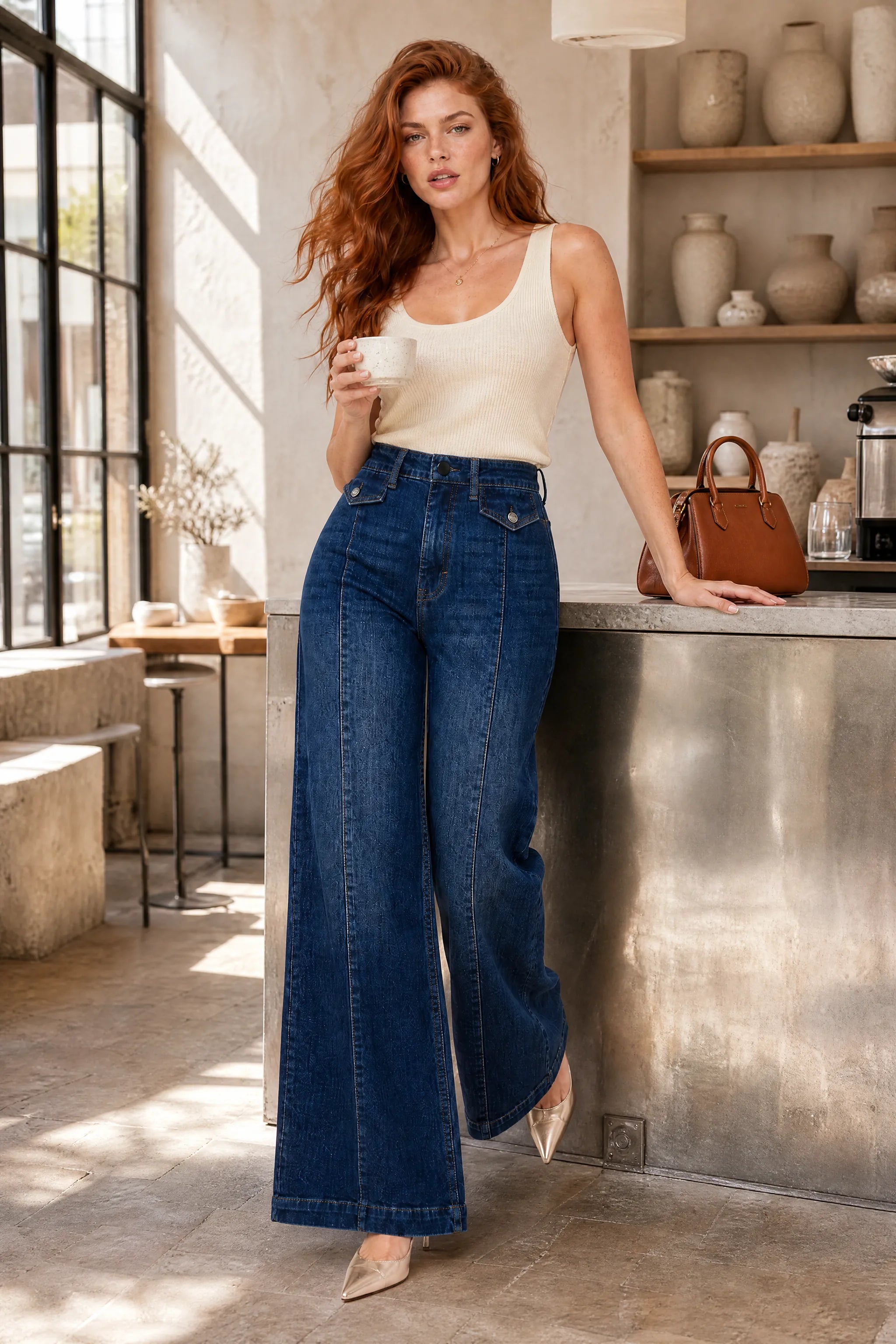 Jean bleu taille haute coupe large | Photo lifestyle | Lounelle Paris