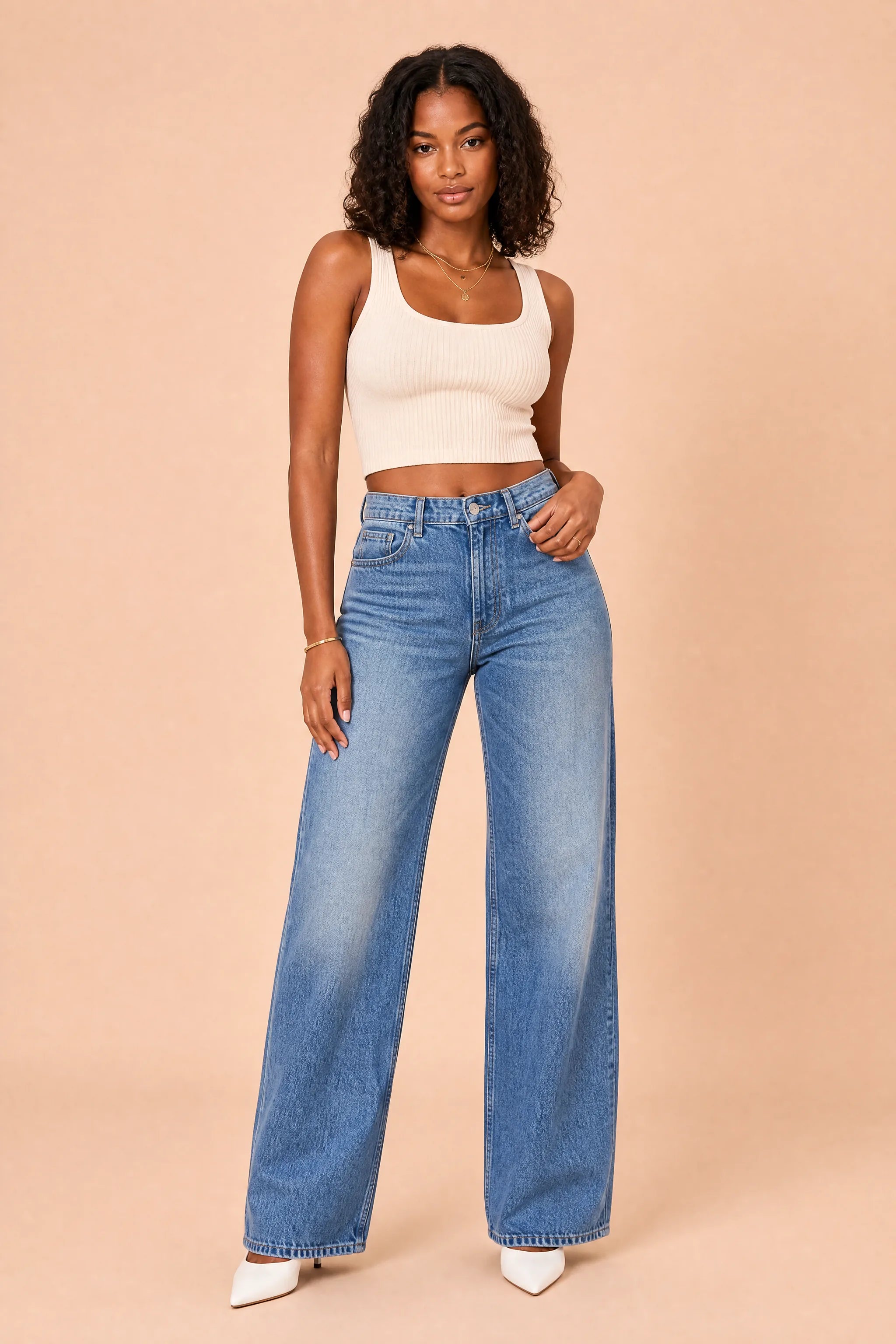 Jean bleu taille haute jambe large | Vue de face | Lounelle Paris