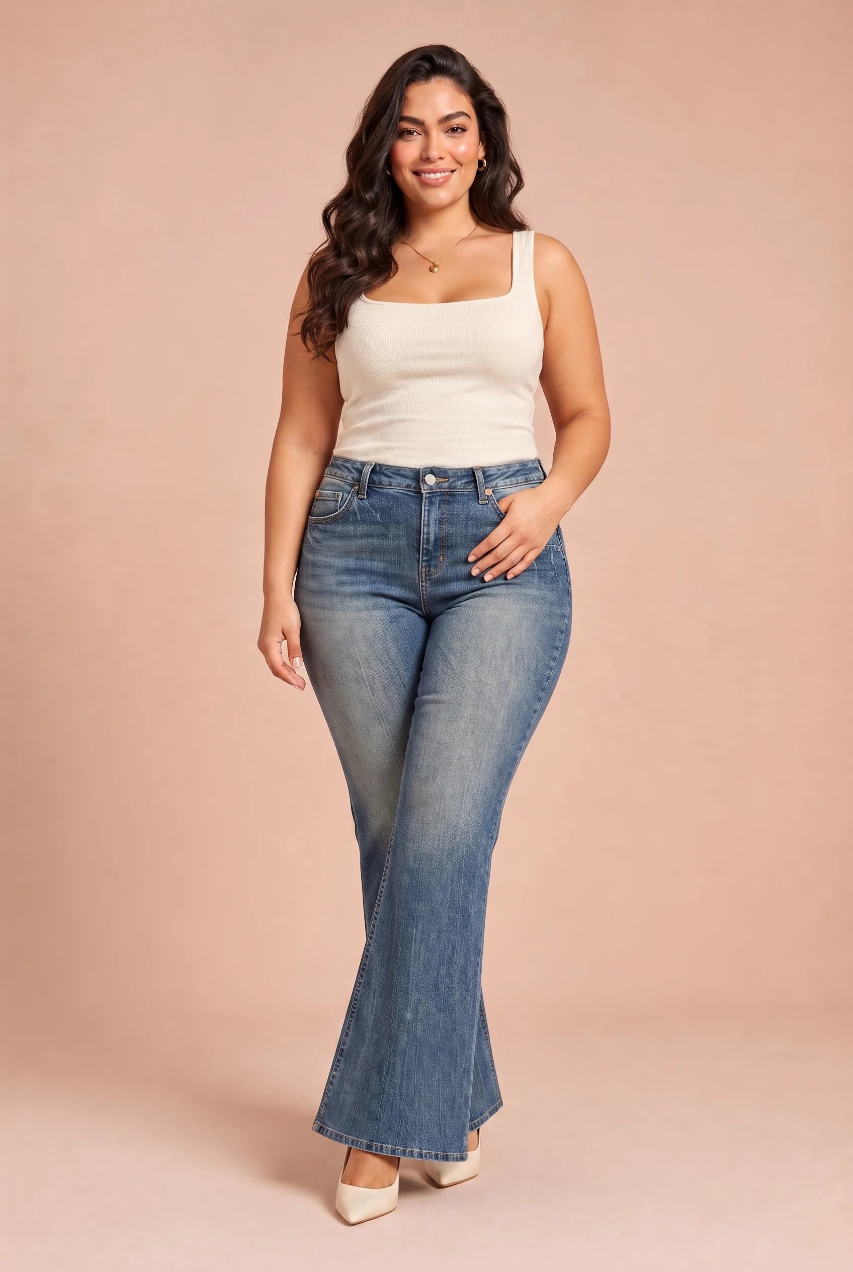 Jean flare bleu foncé taille mi-haute | Porté sur une silhouette plus ronde | Lounelle Paris