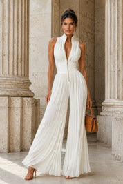 White Pleated High-Neck Wide-Leg Jumpsuit