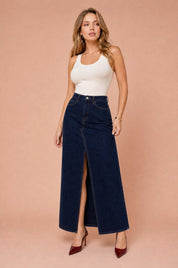 Jupe en jean longue fendue | Variante Bleu marine | Lounelle Paris