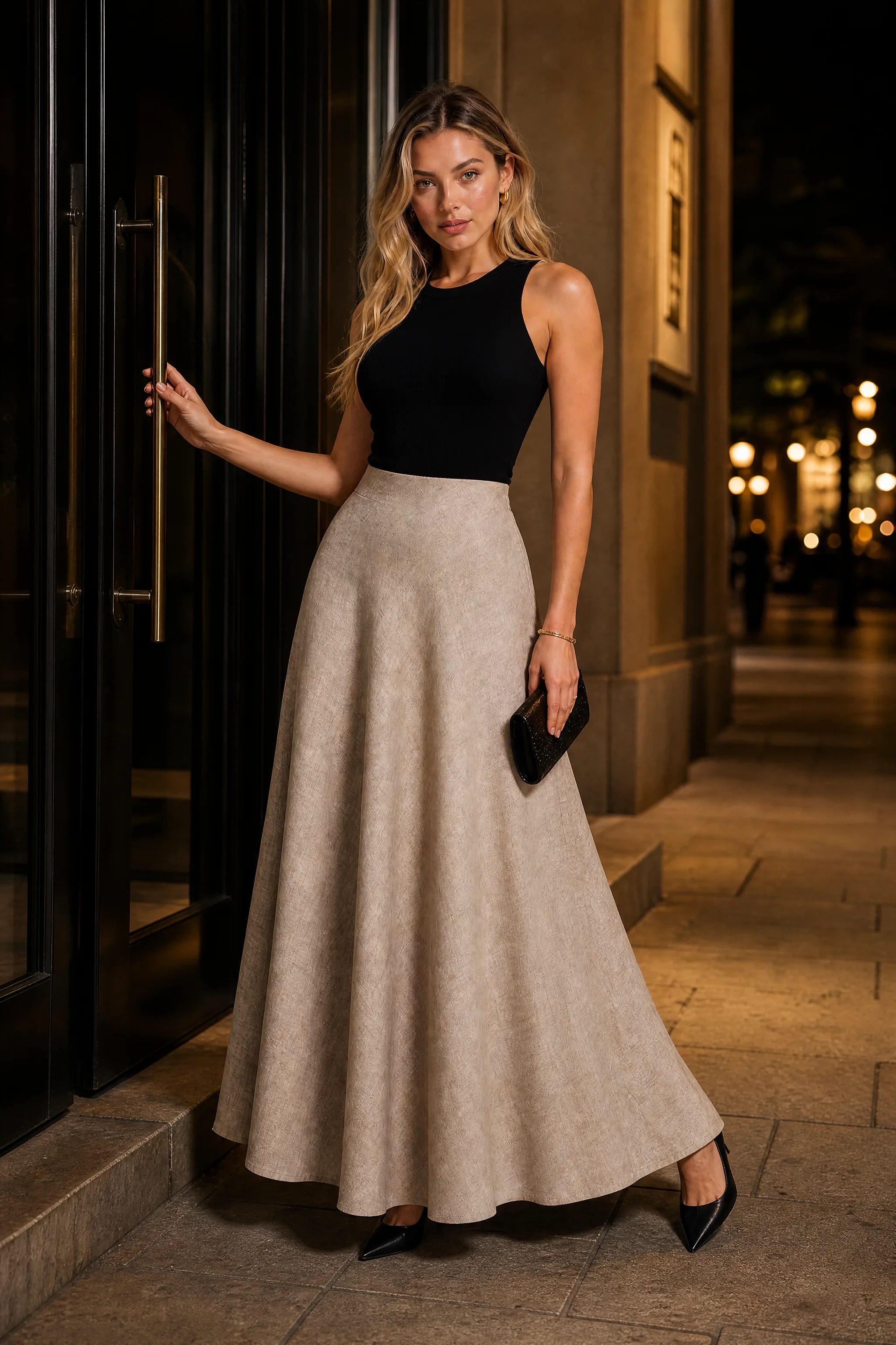 Jupe longue beige évasée | Deuxième photo lifestyle | Lounelle Paris