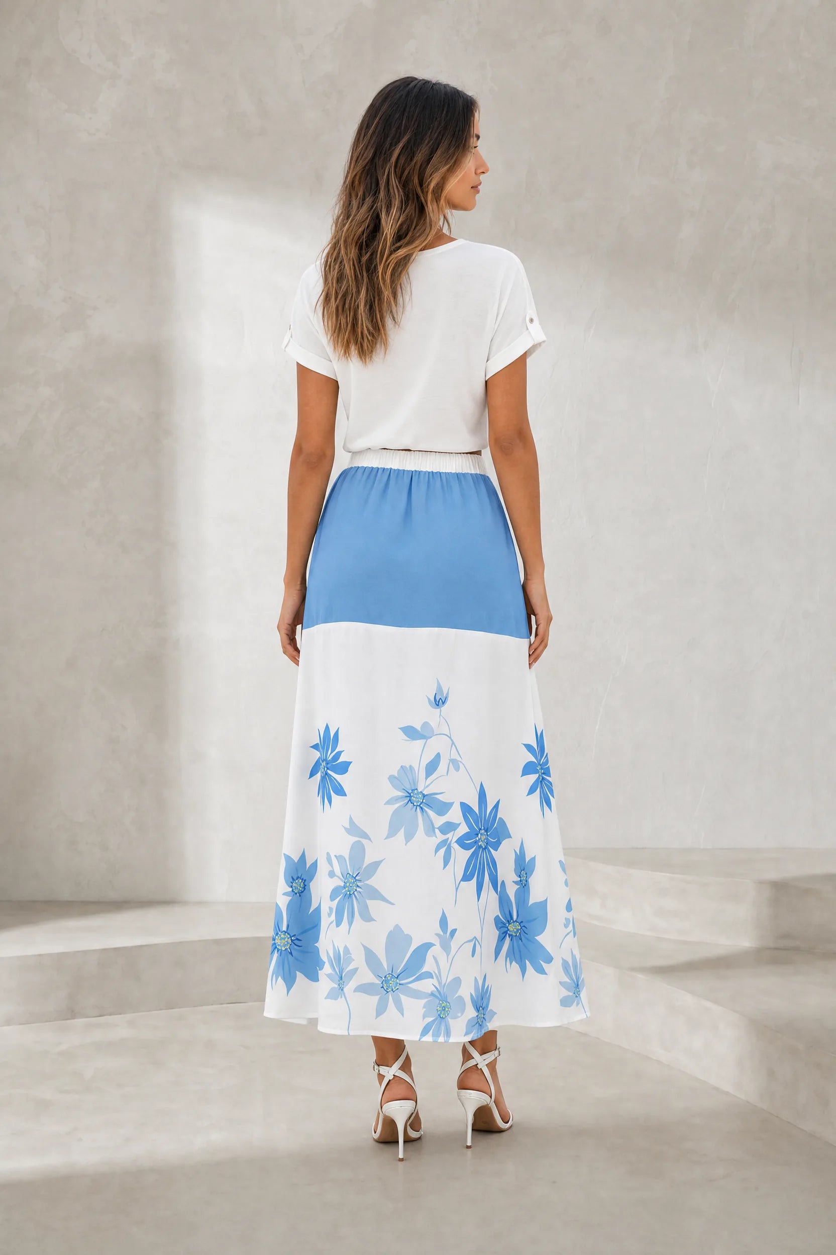 Jupe longue bleue fluide imprimée | Lounelle Paris