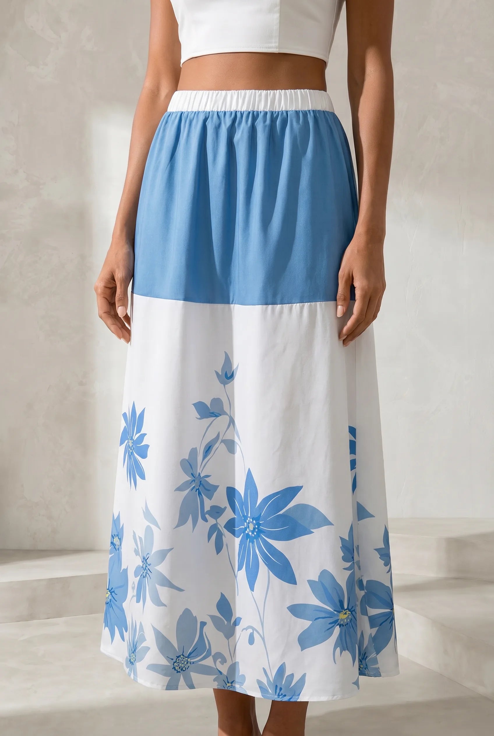 Jupe longue bleue fluide imprimée | Lounelle Paris