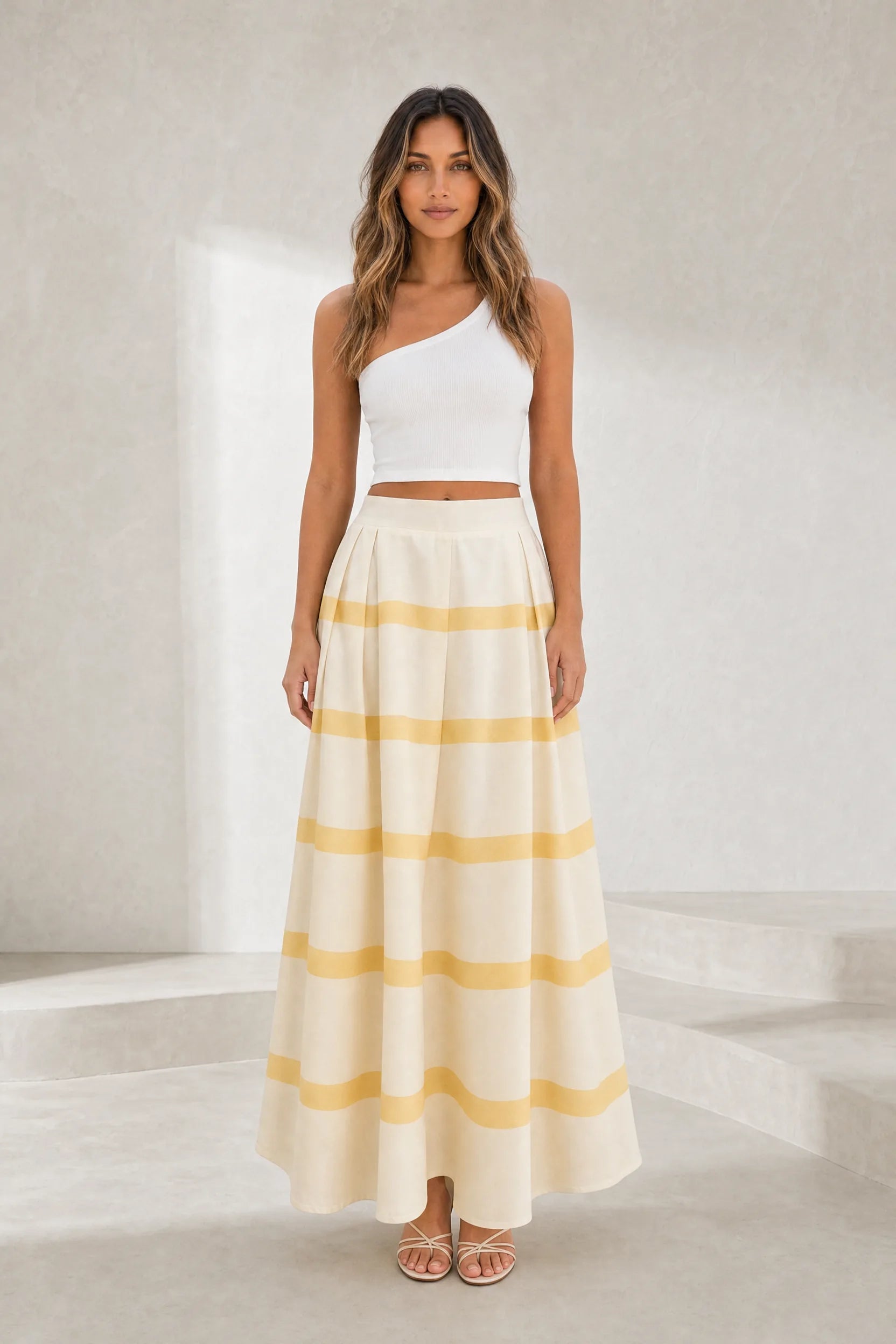 Jupe longue jaune rayée taille haute | Lounelle Paris
