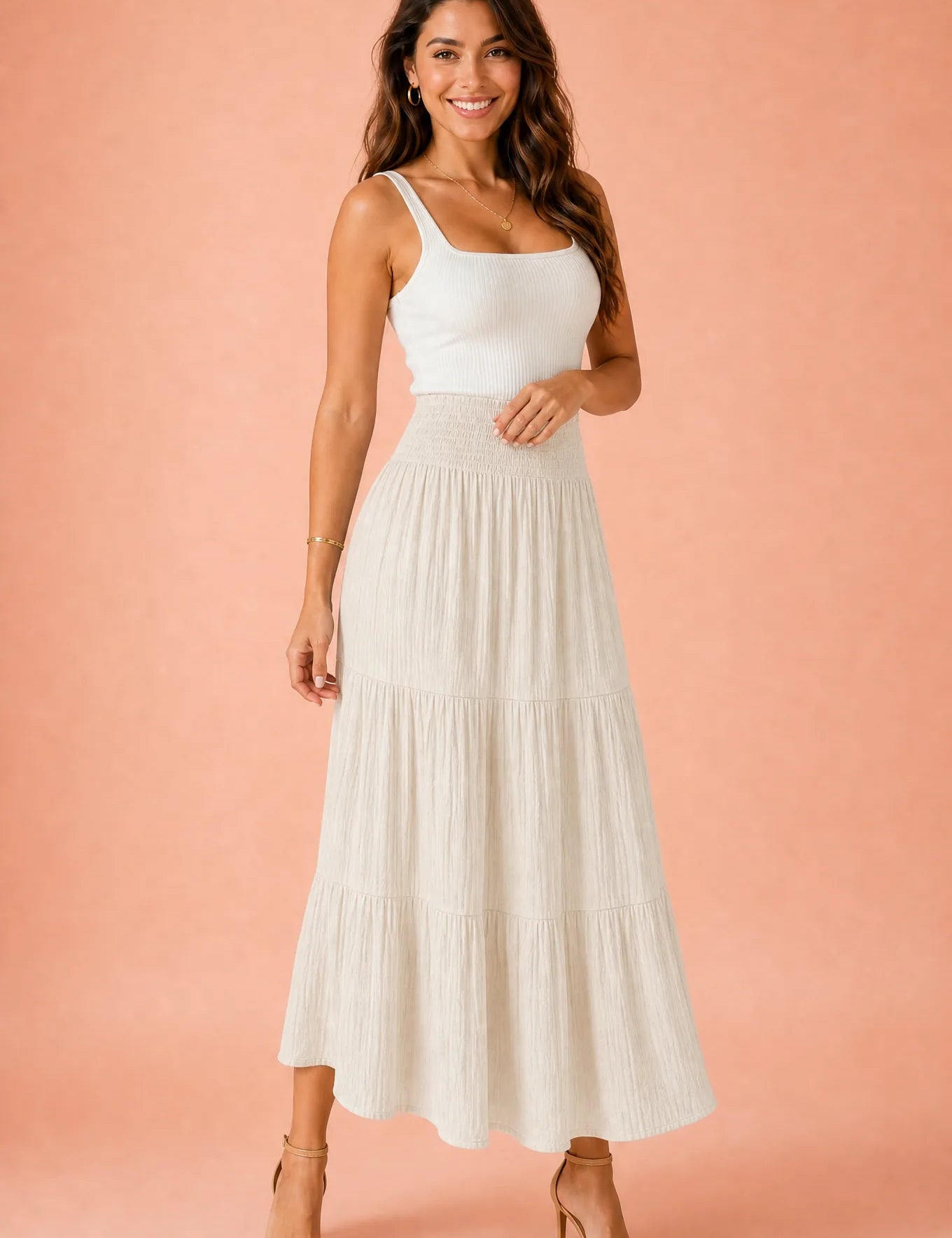 Jupe longue smockée à volants | Variante Beige | Lounelle Paris