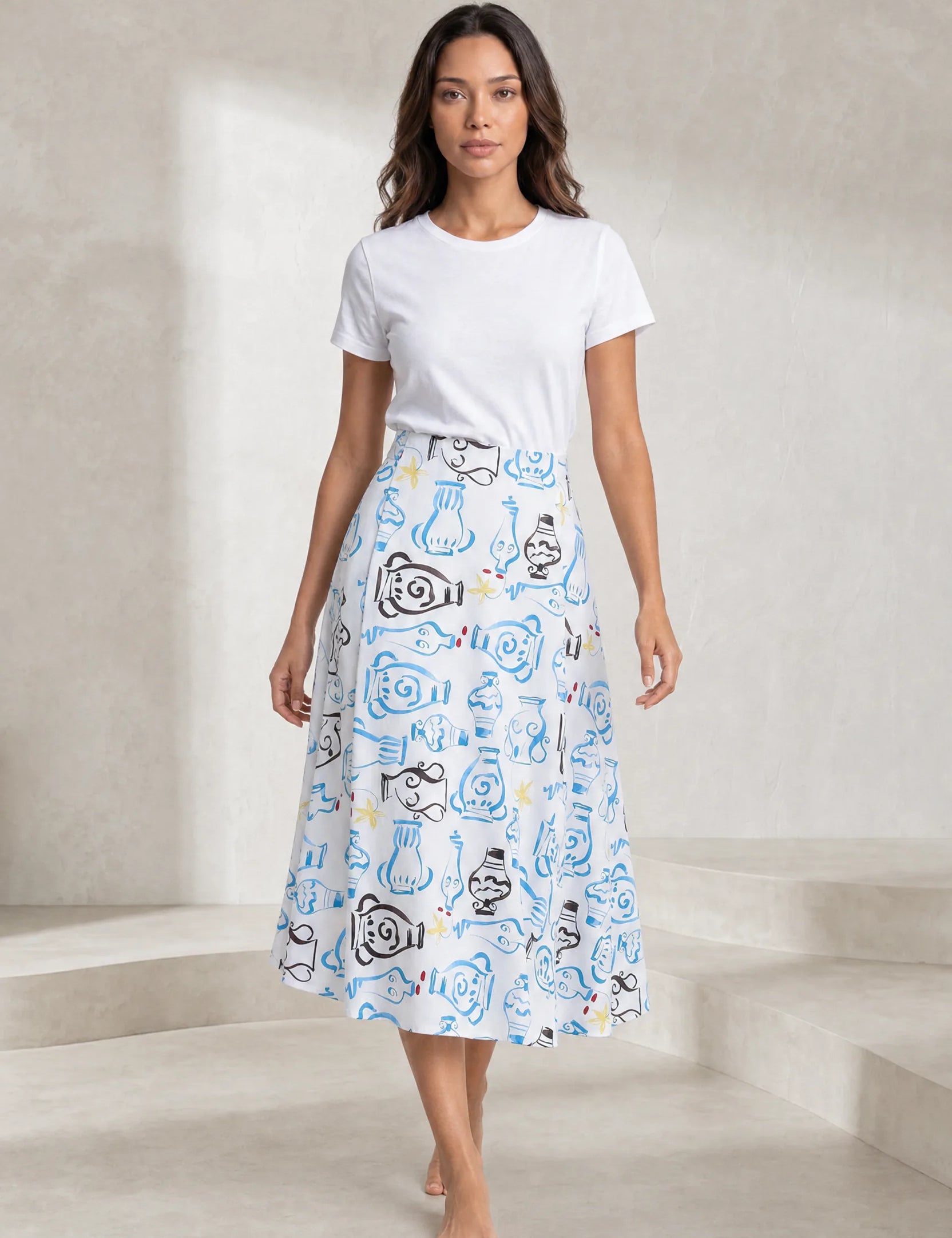 Jupe midi blanche fluide imprimée | Lounelle Paris