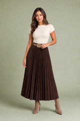 High-Waisted Pleated Faux Suede Skirt with Belt