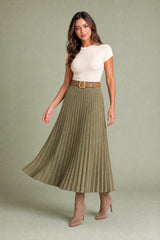 High-Waisted Pleated Faux Suede Skirt with Belt