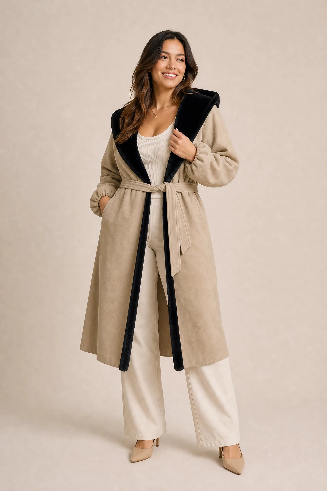 Manteau beige matelassé à capuche | Porté sur une autre silhouette | Lounelle Paris