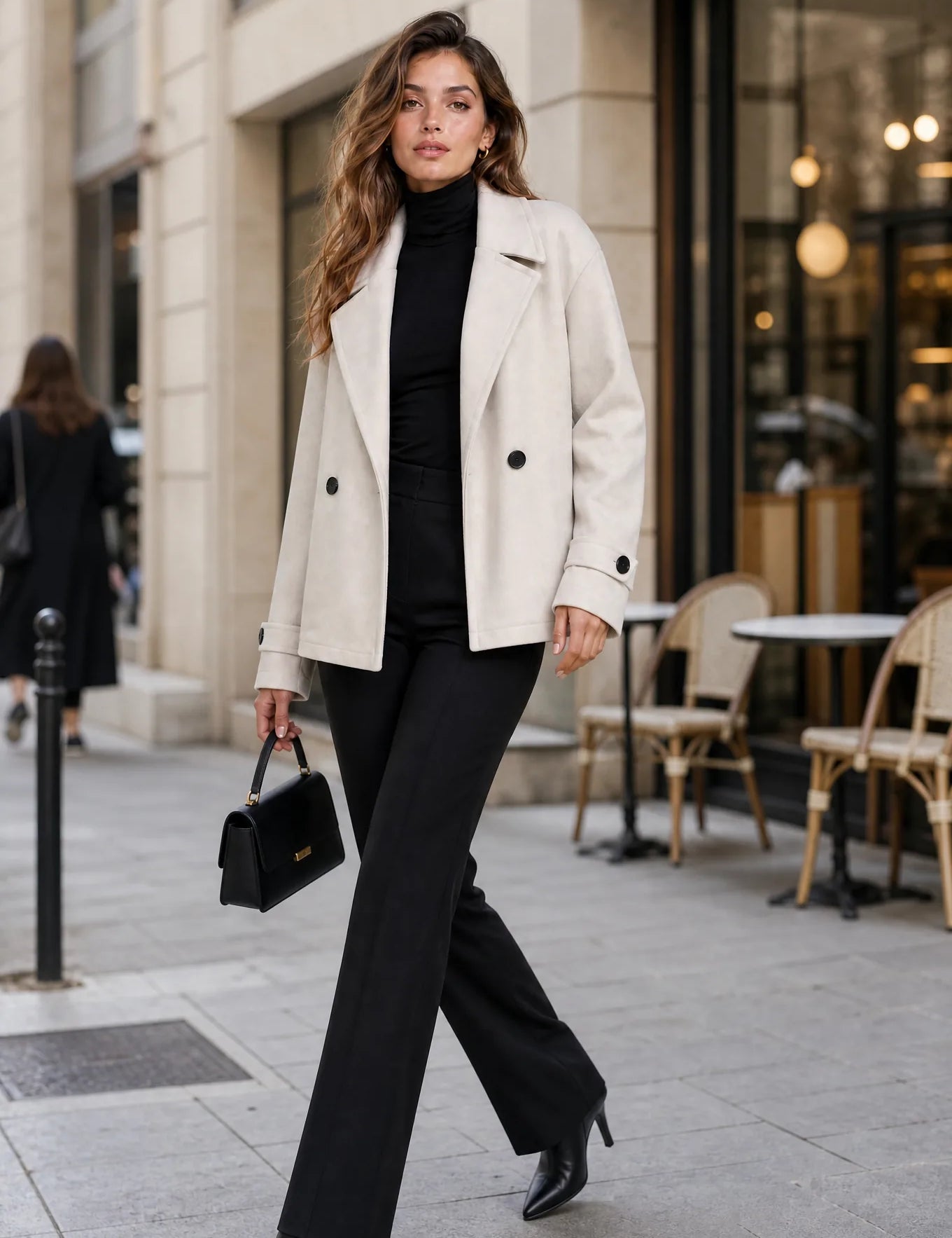 Manteau court écru double boutonnage | Photo lifestyle | Lounelle Paris
