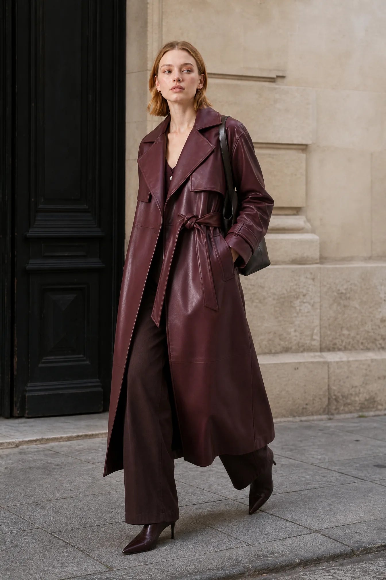 Manteau long effet cuir ceinturé | Photo lifestyle | Lounelle Paris
