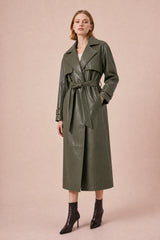 Longline Belted Faux Leather Trench Coat