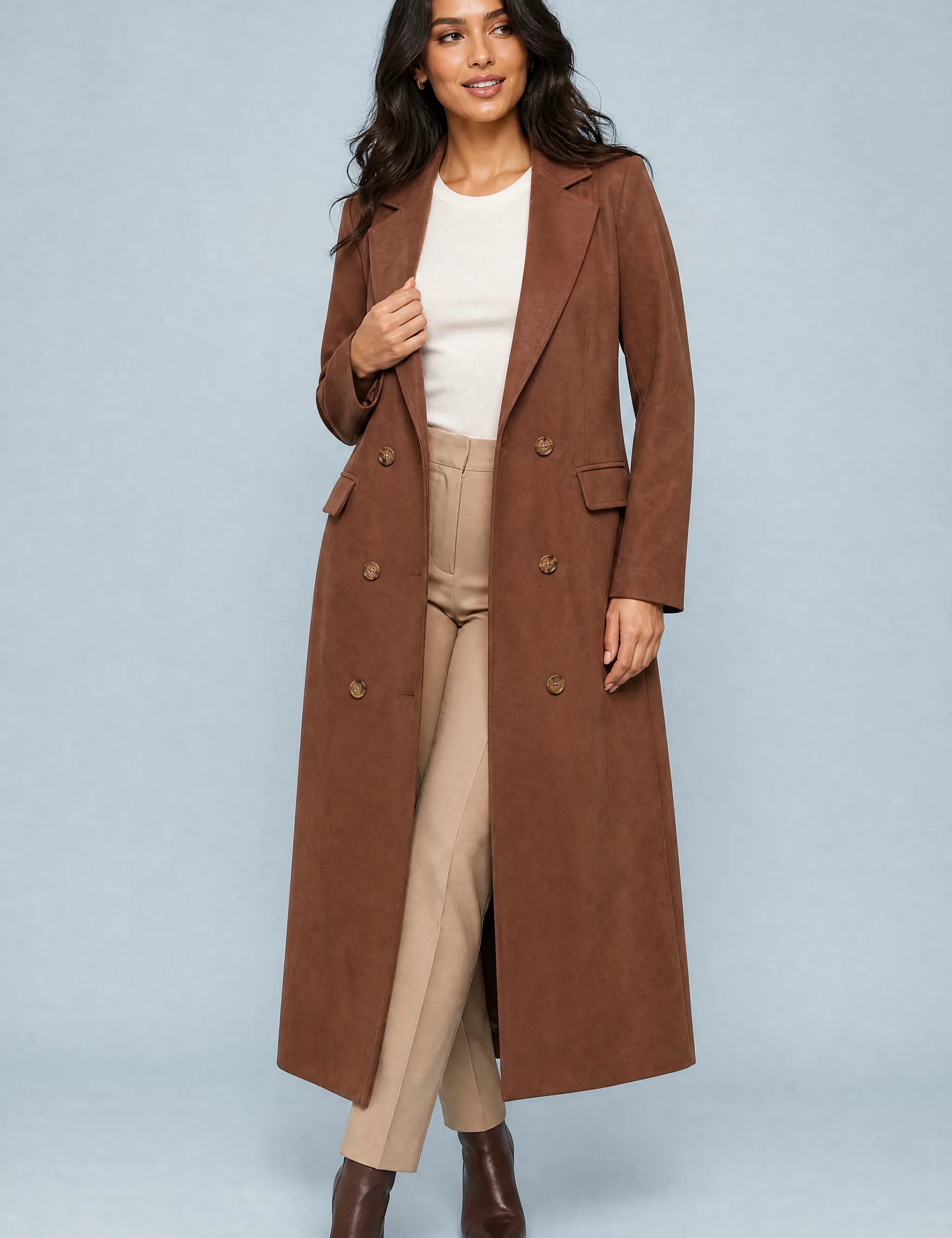 Manteau long marron effet suédine | Vue de face | Lounelle Paris