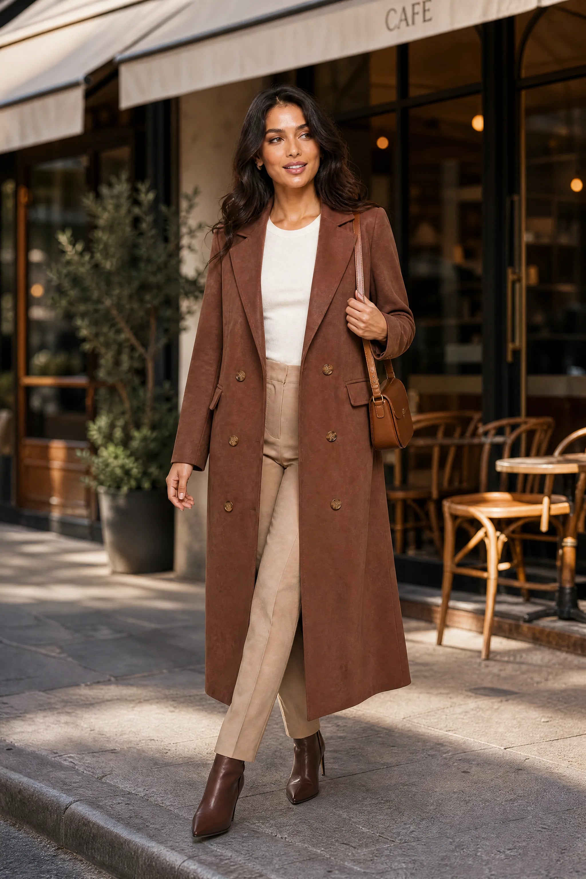 Manteau long marron effet suédine | Photo lifestyle | Lounelle Paris