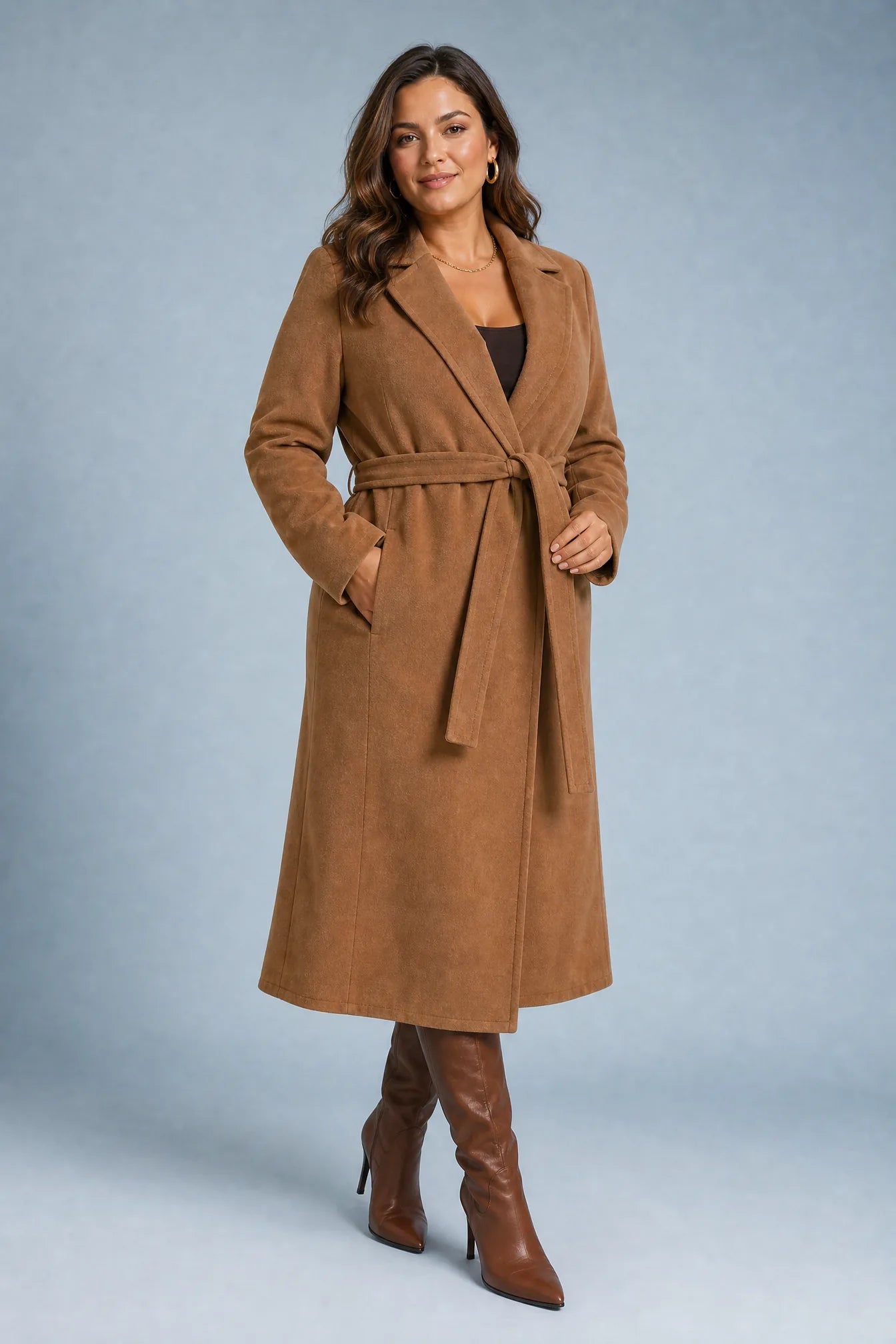 Manteau long marron foncé ceinturé | Porté sur une silhouette plus ronde | Lounelle Paris