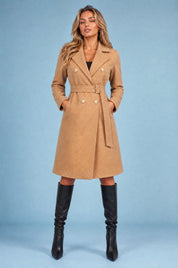 Manteau mi-long ceinturé col tailleur | Variante Camel | Lounelle Paris