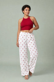 Pantalon blanc taille haute imprimé cœurs | Porté sur une autre silhouette | Lounelle Paris